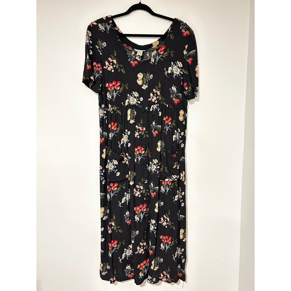Westport Vintage 90s Black Cherry Floral Crinkle Rayon Midi Dress Pockets Large